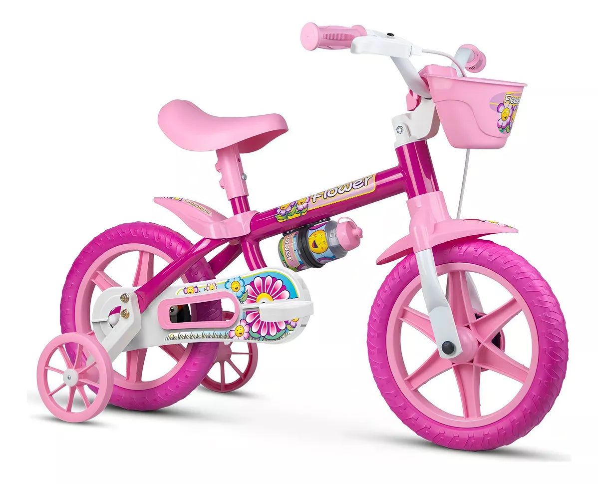 Bicicleta Infantil Aro 12 Com Rodinhas De Treinamento Bike Criança Menina Flower Nathor Rosa